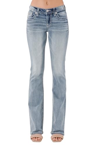 Miss Me Women's Crissy Mae Cross-Stitched Faux Flap Pockets Mid-Rise Bootcut Jeans2