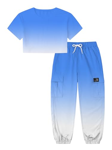 Image of Betusline Girls' Gradient Short Sleeve Crop Tops & Cargo Pants Set, Regular Fit，Perfect for Young Girl，Sky Blue Gradient, 11-12 Years = Tag 160