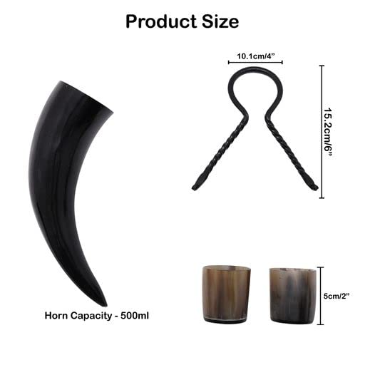 Mythrojan Corne à boire authentique d'inspiration médiévale Viking Wine/Hydromel 500 ml Bundle avec porte-corne de bière forgé à la main et verre à shot en corne de viking, paire de verres à shot