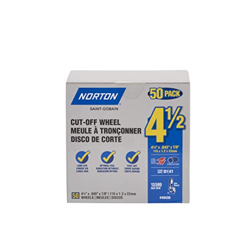 Norton 4 1/2-Inch Cut Off Wheels, Aggressive Cutting Discs for Angle Grinder, Metal & Stainless Steel, Pack of 50
