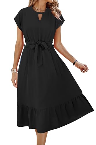 Image of ECOWISH Womens Casual Midi Dresses Solid V Neck Short Sleeve Button Shirt Belted Dress with Pockets for Spring Summer 2026