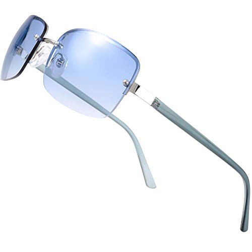 The Fresh Minimalist Semi-rimless Rectangular Sunglasses for Men Women - Exquisite Packaging (605b-Siver (Light Blue Temple), Gradient Blue)