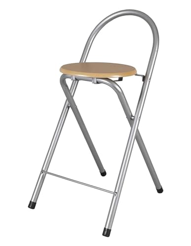 JARDIN202 - Taburete Plegable de cocina con Reposapiés | Silla plegable de plata y madera | 40x45x80 cm