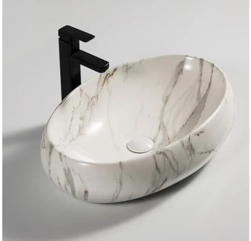 Image of Designer Counter Top Wash Basin | Tabletop Ceramic Bathroom Sink | Wash Basin Over Counter | Wash Basin For Bathroom, Living Room (24 x 15 x 6 Inch) (White N Grey Strip)
