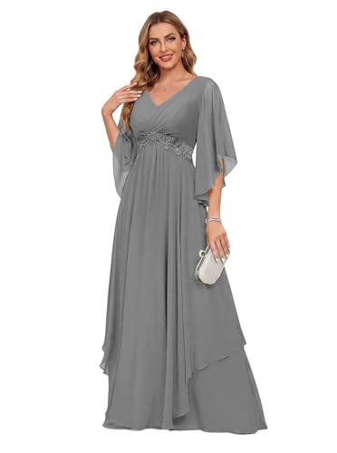 SEPT PRETTY V-Neck Lace Waist Chiffon Formal Dress Gray Flutter Sleeve Long Maxi Mother of Groom Wedding Evening Gown Plus Size 16