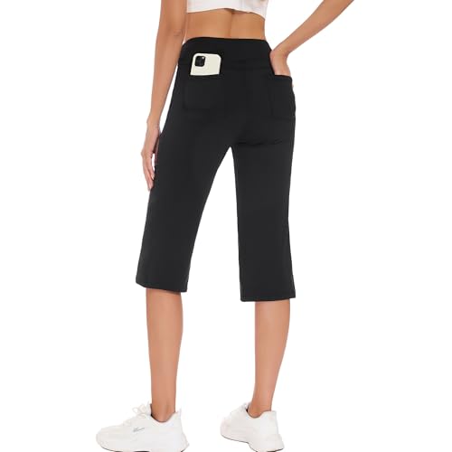 adorence Corsaire Femme été avec 4 Poches, Pantalon de Sport 3/4 Opaque, Pantacourt de Yoga Femme Taille Haute - Noir,M