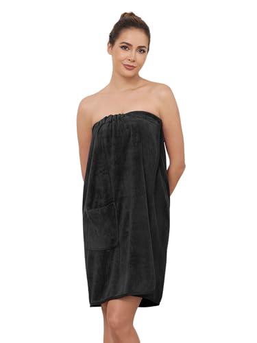 Komfokore Weich Saunakilt Bademantel Damen Frottee mit Taschen und Druckknöpfen Schwarz S/M