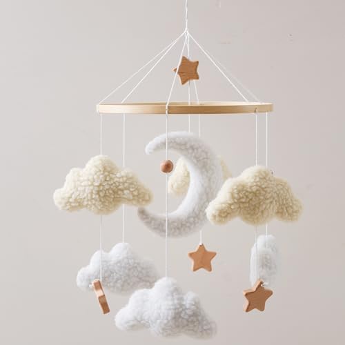 Lanttoe Baby Mobile für Babybett Kuschelmond Filz Mobile Baby mit weichen Teddy-Elementen handgemachtes Mobile Babybett aus Holz Babyzimmer Deko für Neugeborene