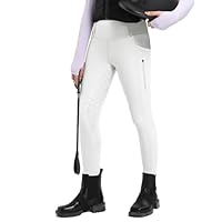 FitsT4 Sports Pantaloni da equitazione per bambini, leggings da equitazione, in silicone, a vita alta, con 2 tasche laterali con cerniera e passanti per cintura, bianco, L
