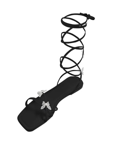 Image of GORGLITTER Women's Sparkly Butterfly Lace Up Flat Sandals Criss Cross Strappy Tie Up Slide Sandals Black 7.5