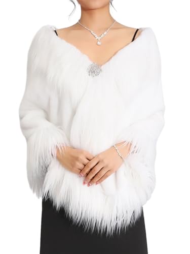 GORAIS Womens Wedding Faux Fur Shawls and Wraps Winter Cape Bridal Fur Stole Coat with Brooch for Bride and Bridesmaids