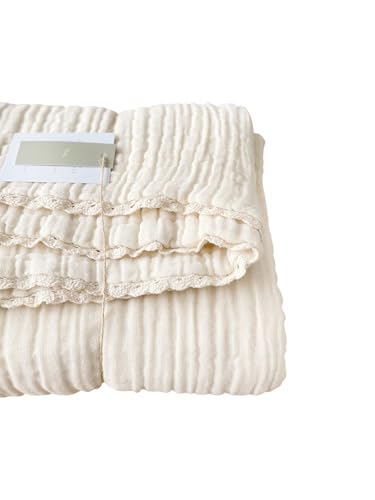White Muslin Baby Blanket | Heirloom Lace Trim Ruffle | Gift Quilt | Cream Gauze Girl Neutral