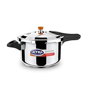 ULTRA Duracook 5.5 LStainless Steel Pressure Cooker AISI 304 Food Grade SS Pressure cooker(5.5 L),Froth collector,spillage control,Induction&cooktop compatible,Injection moulded Bakelite handles,ISI.