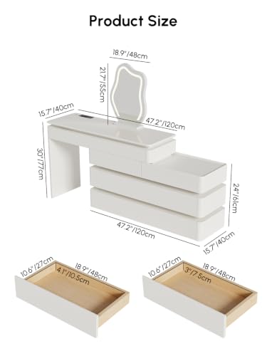 Image of homary Retractable L-Shaped Smart Makeup Vanity with LED Lighted Mirror, Built-in Charging Station, Touch Dimmable Lights, White Dressing Table with Storage Drawers for Bedroom, Stool Sold Separately