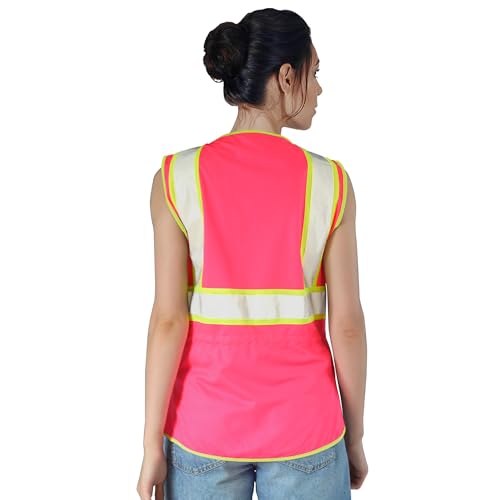 Image of FATONE Women's ANSI Class 2 High-Vis Safety Vest with Reflective Strips, Zipper Pockets & Adjustable Waist - Pink /Yellow Construction Work Vest for Warehouse Personnel, Road Crews XS