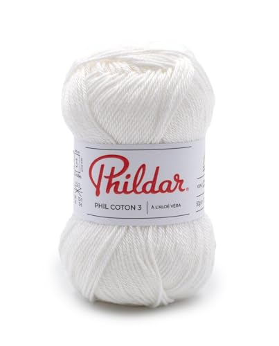 Phildar - Pelote de Laine Phil Coton 3 - Laine à Crocheter et à Tricoter - 100% COTON - Aiguille n°3 - Couleur BLANC