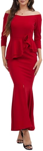 Image of Women's Elegant Formal Mermaid Maxi Dress Off Shoulder Long Sleeve Wedding Split Evening Gown Prom Cocktail Party Dresses