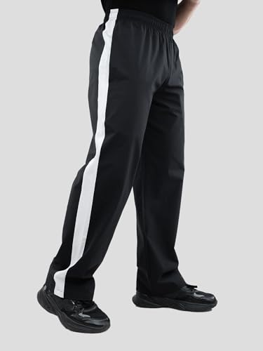 Image of Athflex Classic Stripe Pants for Men Straight Fit Lightweight Parachute Fabric Track Pants Men Athletic Bottom Wear Casual Street Style Lounge Pants Black