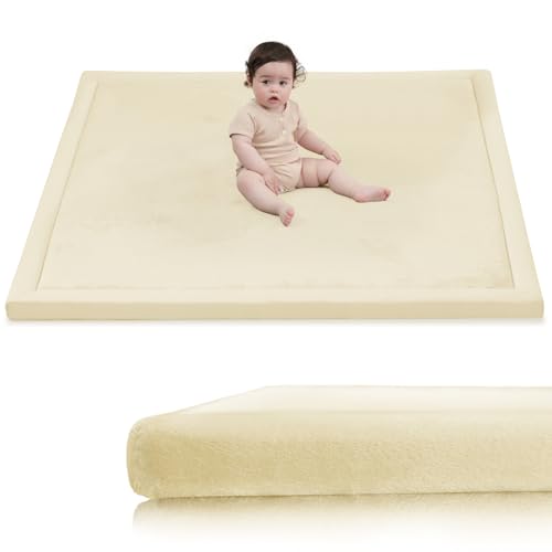Image of Baby Play Mat for Floor,1.3 inch Thick Memory Foam Tummy Time Mat,Soft Coral Velvet Nursery Rug,Extra Large Non Slip Crawling Mats for Living Room(Vanilla)