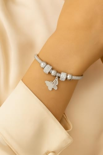 Image of I Jewels Fashion Stylish Silver Plated Adjustable Charm Bracelet with Stone Beads for Women