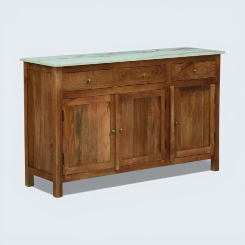 Image of Solid Wood Madrid 3 Door Sideboard Cabinet | Sintered Stone Top Sideboard for Living Room | Finish- Dark Teak