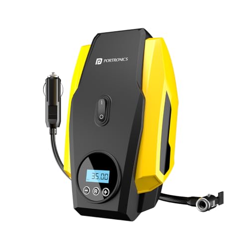 Portronics Vayu Lite Portable Tyre Inflator for Car, Bike, Cycle with 150 PSI Pressure, Digital Display, Auto Shut-Off, LED Light, 2.7m Cord, Air Pump Compressor for Cigarette Lighter Socket 