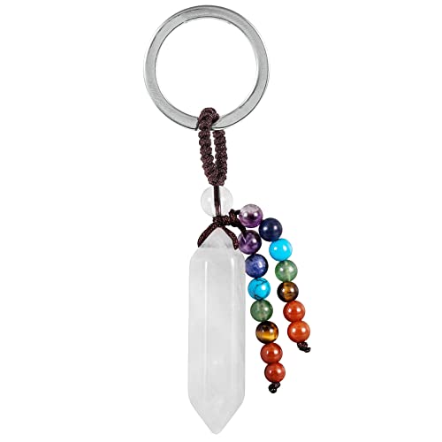 Nupuyai Llavero de cristal hexagonal con piedras preciosas, llavero con piedras de chakra, borla y llavero para bolso, amuleto de la suerte., Blanco, Talla única Cover