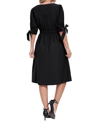 Image of Women Linen Rayon Blend Midi V Neck Button Front Elastic Waist Puff Sleeve Tie Casual Summer Dress
