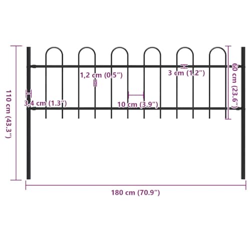Qnhdfrt Gartenzaun 180x110 cm Schwarzer Stahl Hundezaun in modernem Bügel-Design 60 cm Zaunhöhe inkl. 2 Pfosten zur einfachen Montage für Garten Grundstück Terrasse Balkon