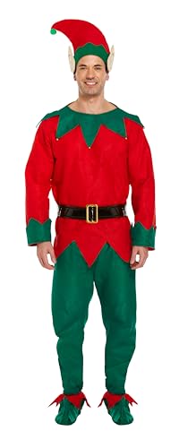HENBRANDT Christmas Elf Adult Fancy Dress Costume - Festive Green Red Full Set with Hat, Belt & Shoes - One Size Unisex Party Outfit for Xmas Celebrations