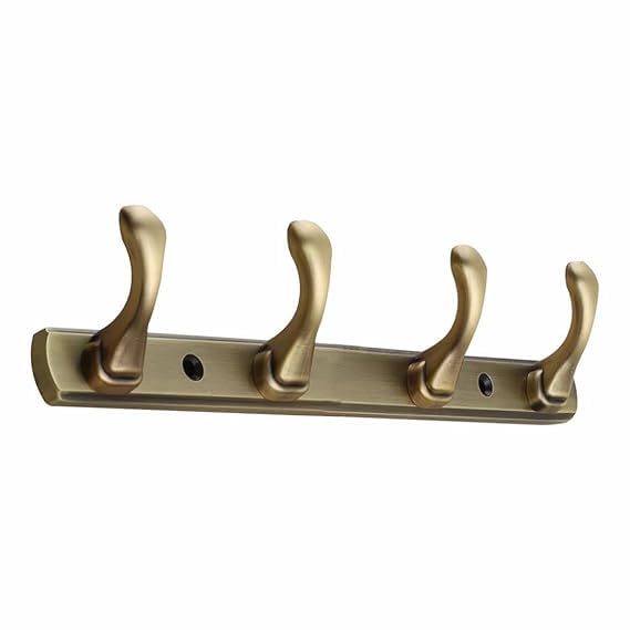 Image of ELUVIA Zinc Alloy 4 Hook Wall Hook Rail, Heavy Duty Wall Mounted Coat Hook for Clothes, Towels, Keys & Bags, Antique Brass Finish, Bathroom Kitchen Bedroom Entryway Organizer (Pack of 1)