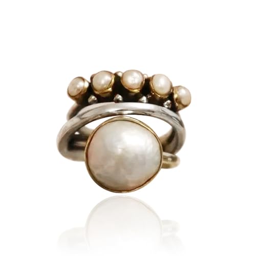 Pearl Ring for Women Faux Pearl Promise Ring Baroque Pearl Statement Rings Vintage Thai Silver Color Ring Stacking Irregular Pearl Finger Ring Round Finger Ring Triple Crossover Faux Pearl Ring (9)4