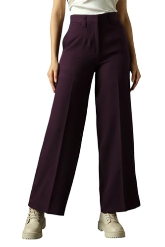 Image of High Star Women High Rise Solid Regular Length Wide Leg Casual Trousers