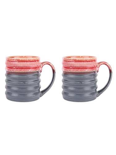Image of miah decor Handmade Studio Pottery Coffee Mug Set of 2, 300ml Ceramic Tea Cups Set, Dual Tone Stoneware Coffee Cups & Mugs, Ribbed Handmade Tea Mug Set, Microwave & Dishwasher Safe