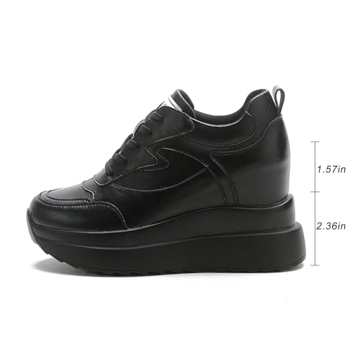 Image of Platform Sneakers for Women High Hidden Heel Wedge Sneakers Fashion Leather Chunky Lace up Wedge Tennis Shoes Increasing 3.94 inch
