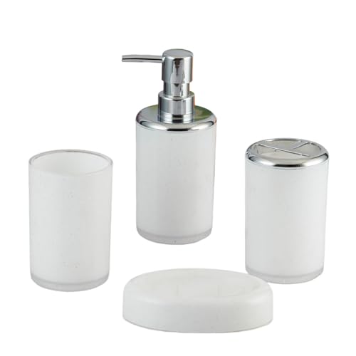 Image of Kookee Acrylic Bathroom Set - Stylish 4 Piece Bath Accessories Kit with Soap Dispenser, Toothbrush Holder, Tumbler & Soap Dish - Modern & Designer Decor for Home & Guest Bathrooms (10050)