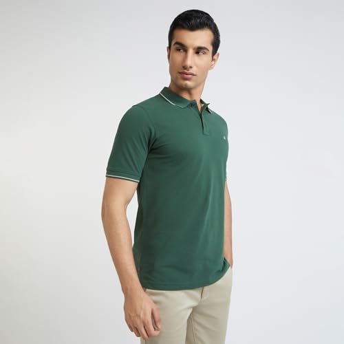 Image of Raymond Men's Modern Fit Solid Pattern Pure Cotton Polo Neck Half Sleeve Casual T-Shirt