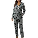 Haiorziyou Pyjama Damen Lang Kuschelig Locker Nachtwäsche Damen Hausanzüge Damen Casual Knopf Pfirsich Plaid Print Zweiteiler Langarm Pyjama Pyjama Anzug Bademantel Damen Weihnachten