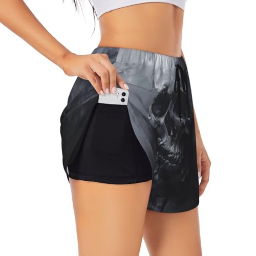 YKJJFVZ Pantalones cortos de correr para mujer, con estampado de calavera fantasma de terror, pantalones cortos deportivos con bolsillos elásticos, para yoga, correr y fitness, Negro -, M