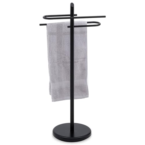 IDIMEX Porte Serviette Salle de Bain Miro en Métal Noir, Design Simple et Moderne, sur Pieds avec Socle Stable, 2 Barreaux Porte Serviettes, Noir