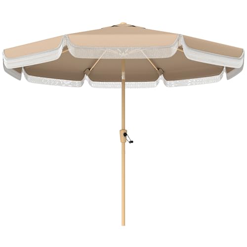 Outsunny Sombrilla Terraza Exterior, Ø266x238 cm, Sombrilla de Jardín con Ángulo Ajustable 30°, Manivela, Flecos y Ventilación, Impermeable, Parasol para Terraza, Playa, Patio, Balcón, Caqui