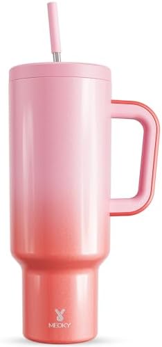 Meoky 50 oz Tumbler with Handle, Tumbler with Lid and Straw, Insulated Stainless Steel Travel Mug, 100% Leak-proof, Keeps Cold for 36 Hours or Hot for 12 Hours (Flamingo)