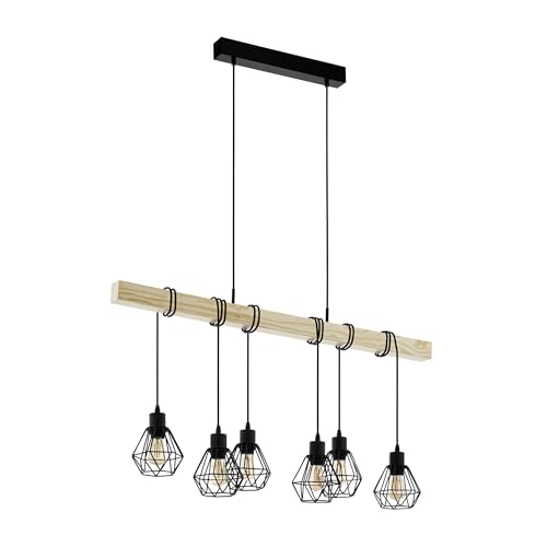 EGLO Pendellampe Townshend 5, 6 flammige Vintage Pendelleuchte im Industrial Design, Retro Hängelampe aus Stahl und Holz, Farbe: Schwarz, braun, Fassung: E27 EGLO Pendellampe Townshend 5, 6 flammige Vintage Pendelleuchte im Industrial Design, Retro Hängelampe aus Stahl und Holz, Farbe: Schwarz, braun, Fassung: E27