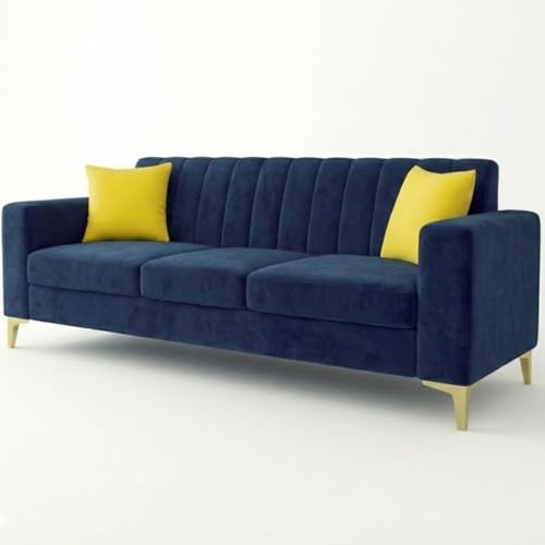 Image of FURNY Alona 3 Seater Fabric Sofa Set (Dark Blue) Premium Velvet Finish Durable & Comfortable| Ideal for Living Room, Offices