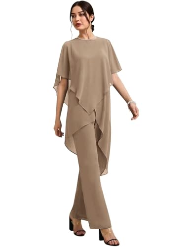 Layered Taupe Pant Suits for Women Casual 2 PCs Sets 1/2 Sleeves A-Line Chiffon Long Cocktail Dresses for Wedding Guest, US 6