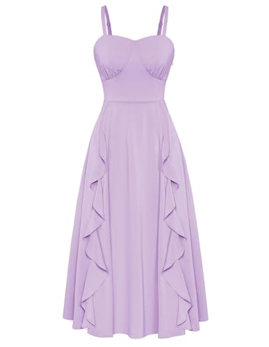 Image of Belle Poque Sun Dresses for Women Spring Summer Floral Midi Flowy Spaghetti Ruffle Wedding Guest Tea Party Dress