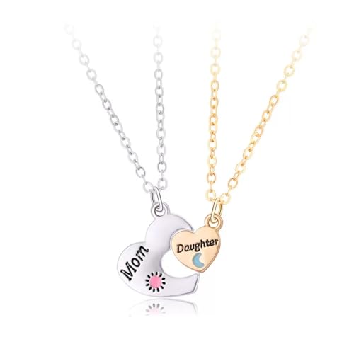 Visxcnu 2 Pièces Collier Mère Fille Ensemble Pendentif Cœur Puzzle Soleil et Lune Cadeau Fête des Mères Anniversaire Bijoux Femme Fille Argent Or