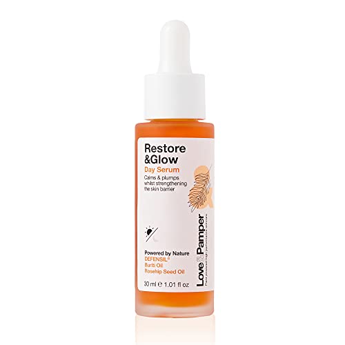 Love & Pamper RESTORE & GLOW, Plant Powered Hydrating Day Serum, Vitamin C, Q10, Buriti & Rose-hip Oil. Brightens