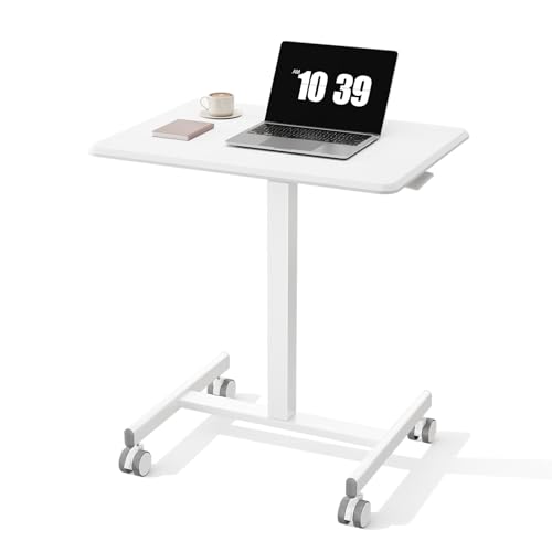 OLIXIS Mobile Rolling Desk with Wheels Small Standing Laptop Desks Portable Pneumatic Adjustable Height Sit Stand Table Computer Workstation for Home Office White