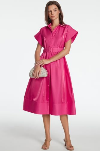 Image of Ladyful Women Casual Button Down Shirt Dress Short Wing Sleeve Buiness Midi Shirt Dress with Belt Elegant Dress